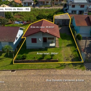 LOTE 013 - Área de 392,00m², contendo casa de alvenaria de 69,82m², situada na Rua Osvando Fernando Endler, nº 429, bairro São Caetano, Arroio do Meio/RS